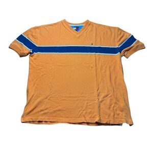 Vintage Tommy Hilfiger V Neck Orange Short Sleeve Knit T Shirt Mens XL 2004 Y2K